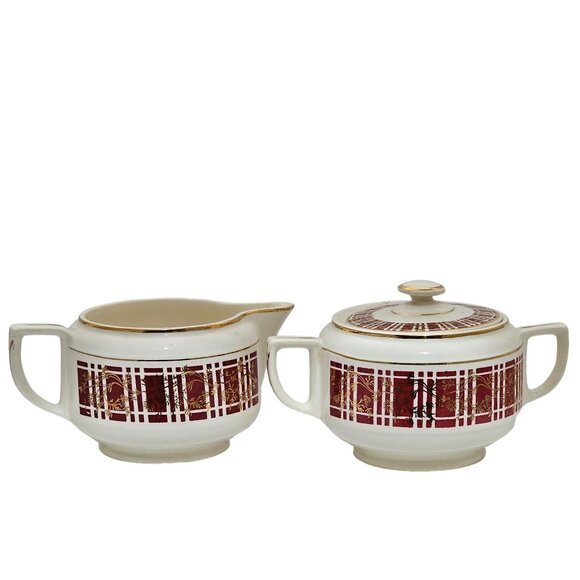 Homer Laughlin Piccadilly Creamer Sugar Stacking Set vtg red plaid gold floral - Picture 2 of 11